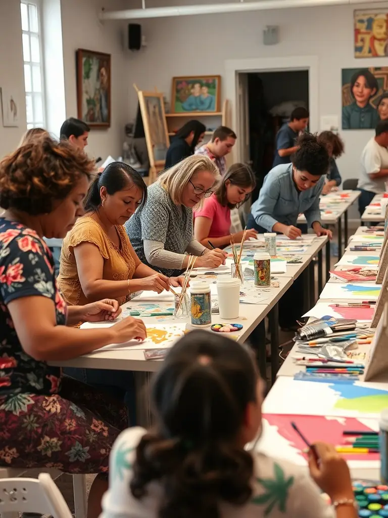 A photo of a community arts workshop facilitated by ASSOCIATION ZHYA, showing participants of various ages creating artwork with guidance from an instructor.