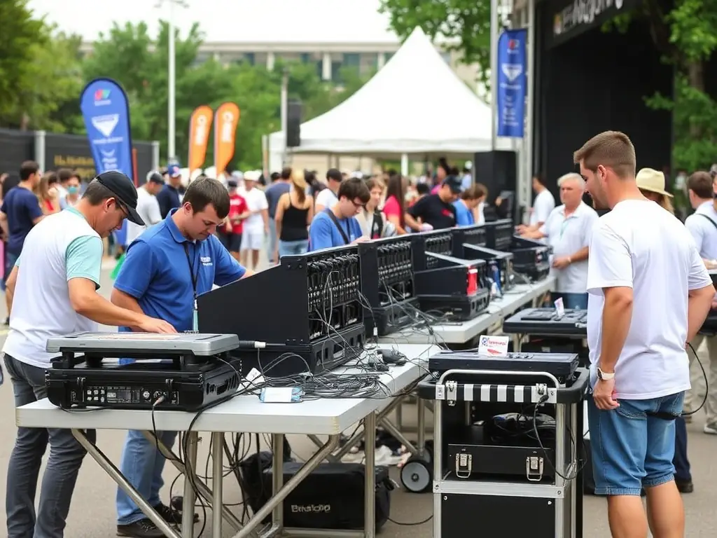 A photograph of volunteers assisting with the setup of a cultural event, showing teamwork and dedication to promoting arts and culture in the community.