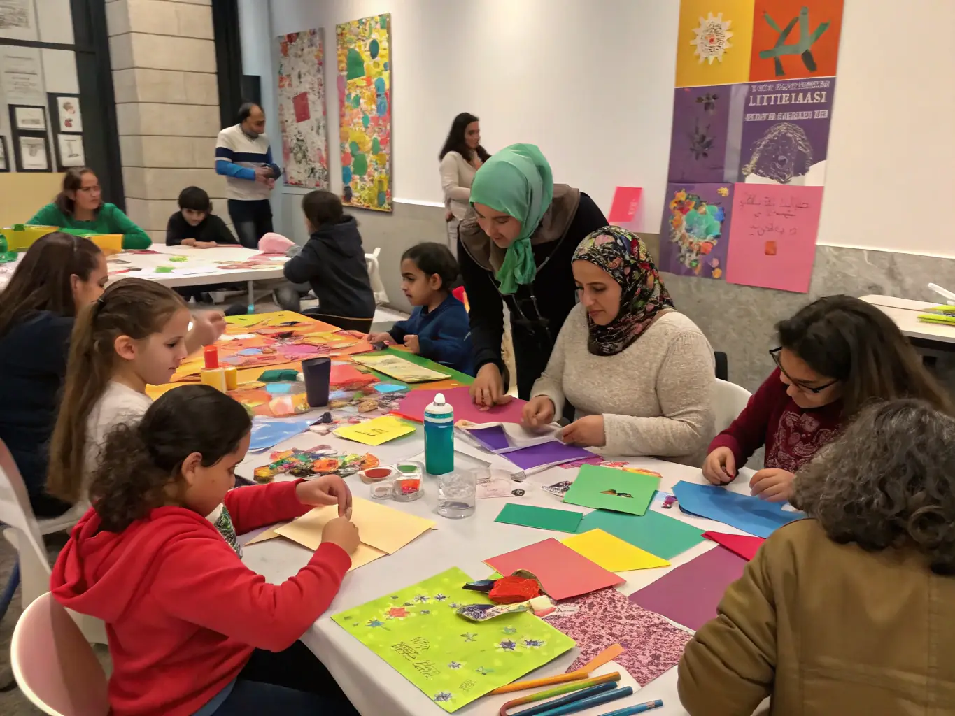 A vibrant image depicting a community arts workshop, with participants of diverse ages and backgrounds engaged in painting and crafting activities, showcasing the inclusive nature of ASSOCIATION ZHYA's community engagement programs.