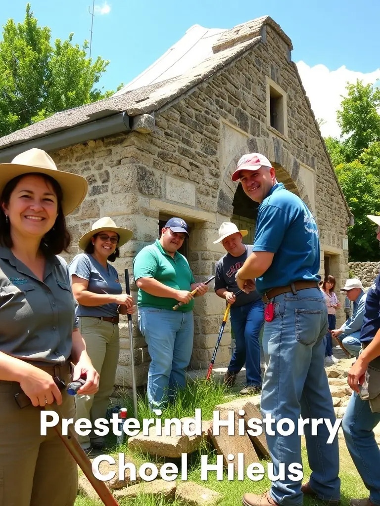 A photograph of a cultural heritage preservation project supported by ASSOCIATION ZHYA, showing volunteers restoring a historical building with traditional tools and techniques.