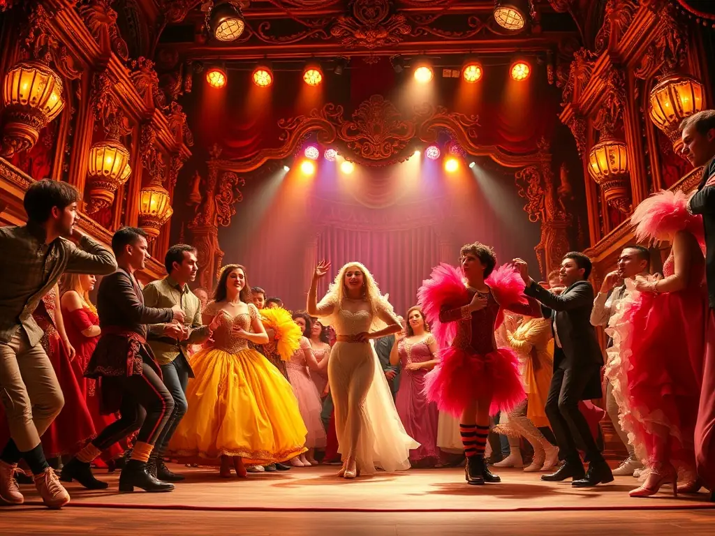 A captivating image of a live theater performance, with actors on stage and an attentive audience, highlighting the excitement and cultural value of live arts.