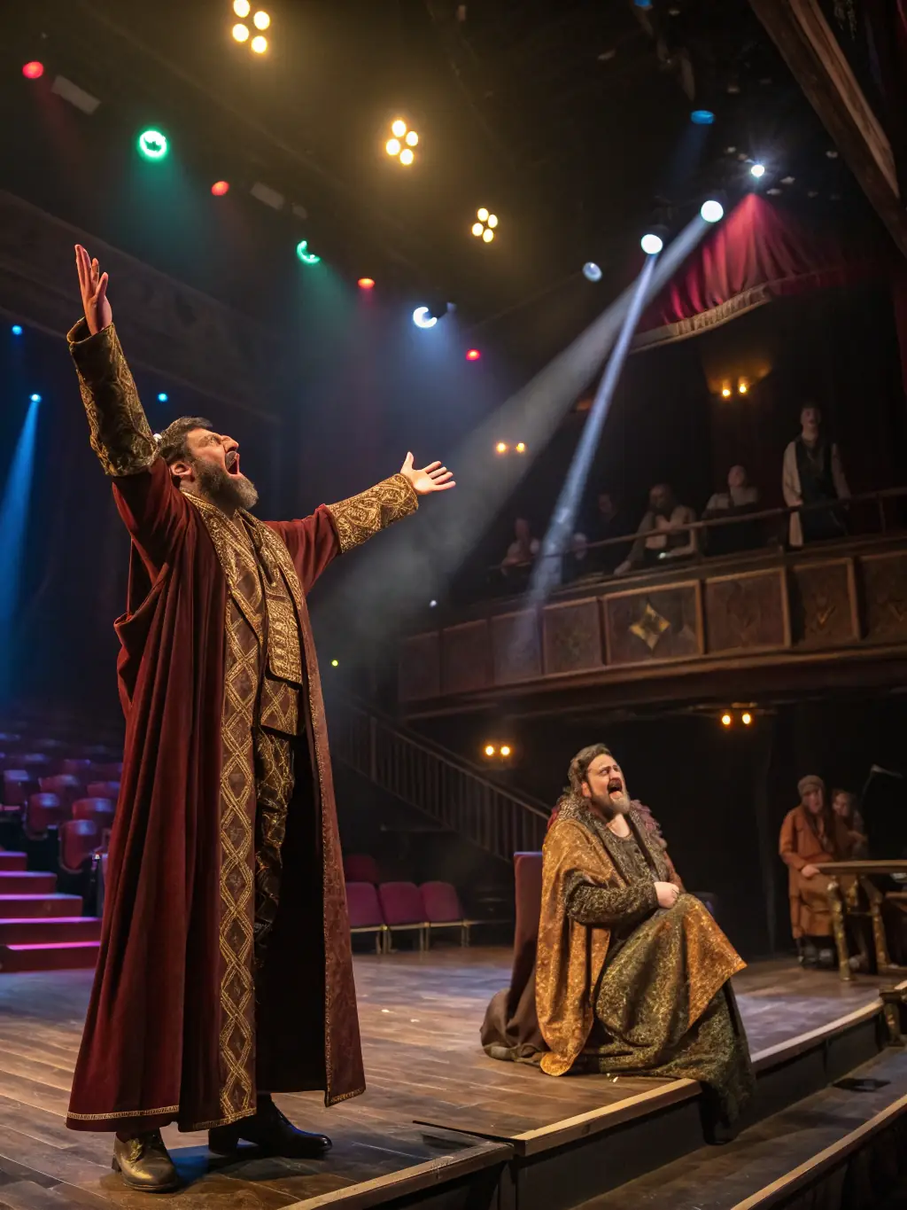 A vibrant photograph capturing a live theater performance supported by ASSOCIATION ZHYA, showcasing actors on stage with dynamic lighting and engaged audience members.